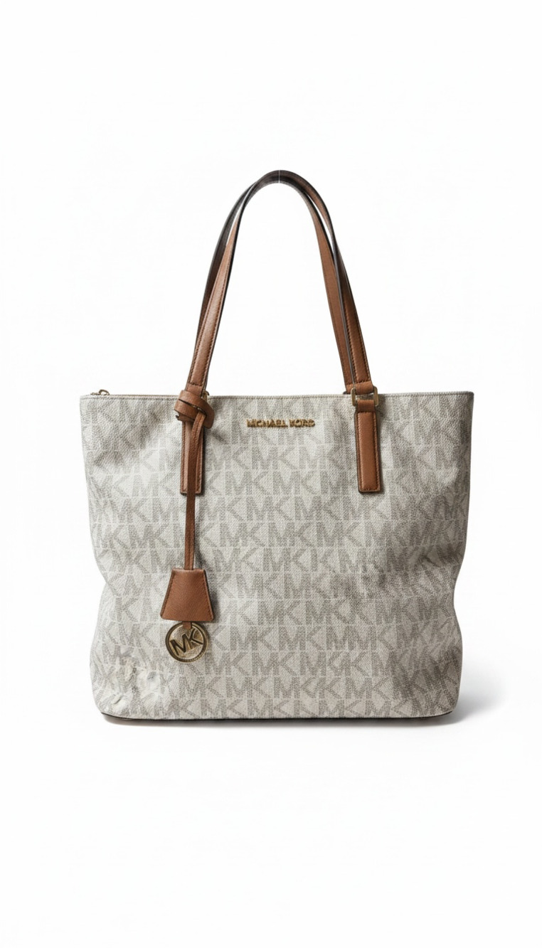 Michael Kors Signature Logo Tote Bag in Vanilla and Acorn